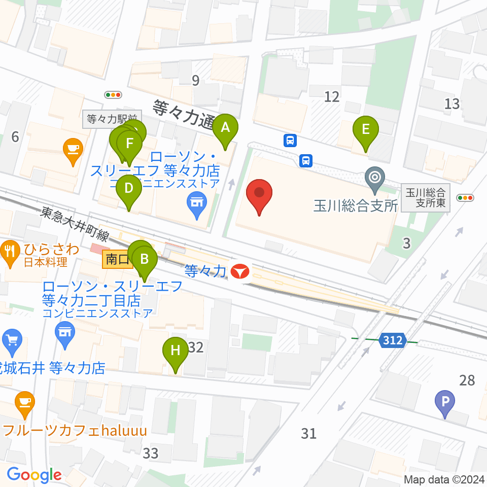 玉川せせらぎホール（玉川区民会館）周辺のファミレス・ファーストフード一覧地図