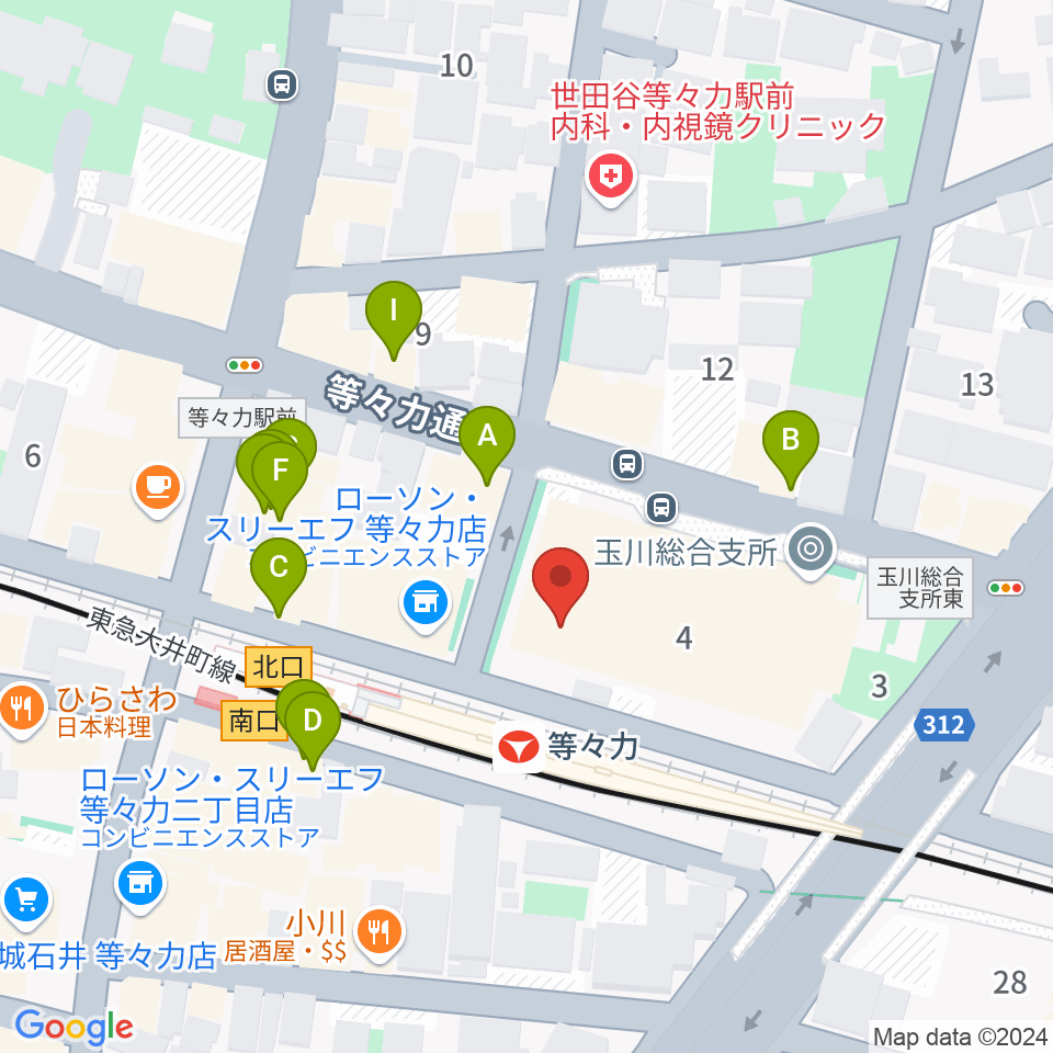 玉川せせらぎホール（玉川区民会館）周辺のファミレス・ファーストフード一覧地図