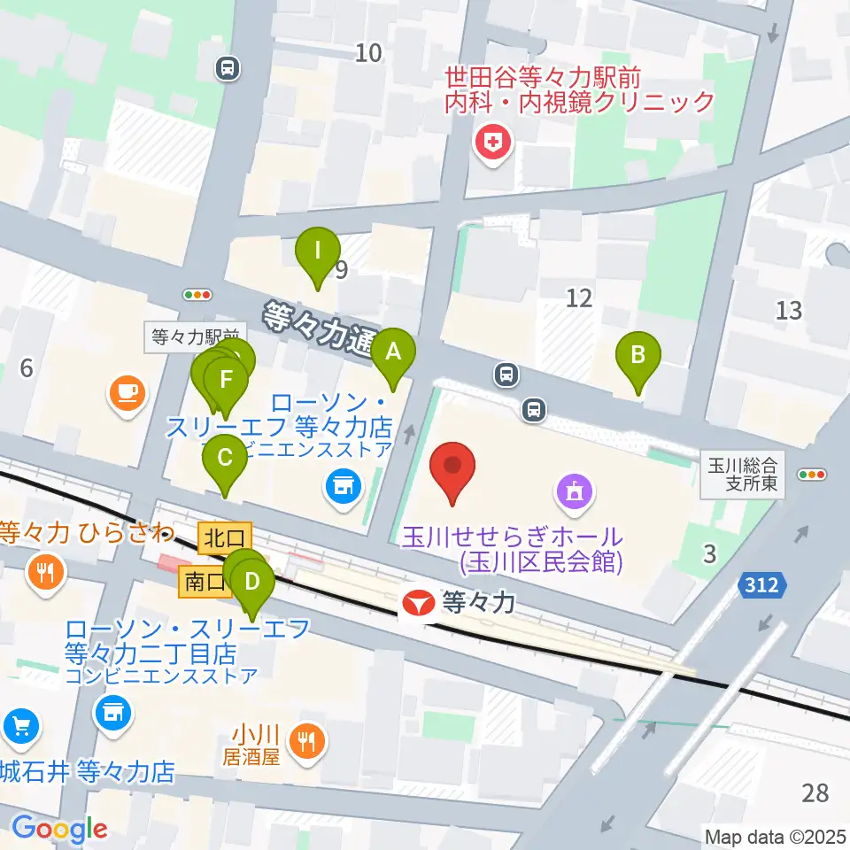 玉川せせらぎホール（玉川区民会館）周辺のファミレス・ファーストフード一覧地図