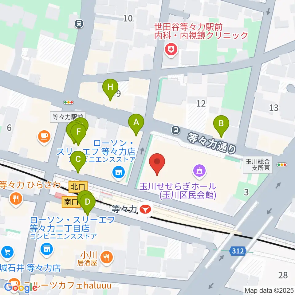 玉川せせらぎホール（玉川区民会館）周辺のファミレス・ファーストフード一覧地図