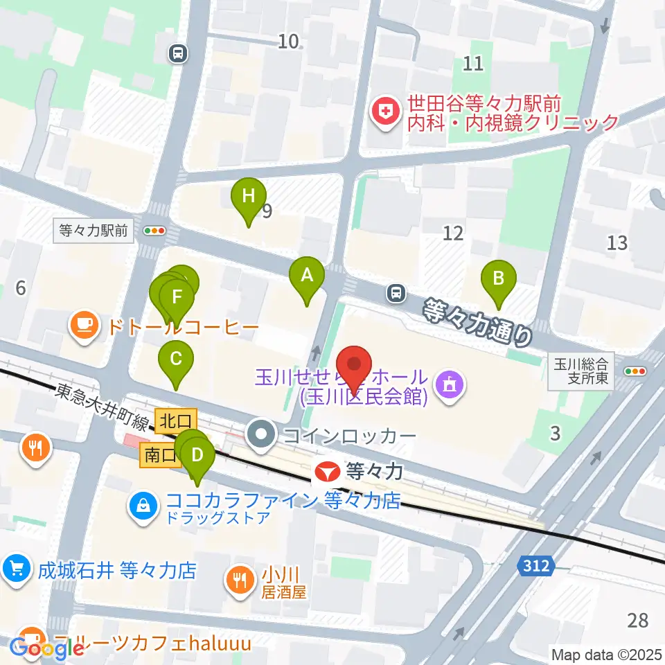 玉川せせらぎホール（玉川区民会館）周辺のファミレス・ファーストフード一覧地図