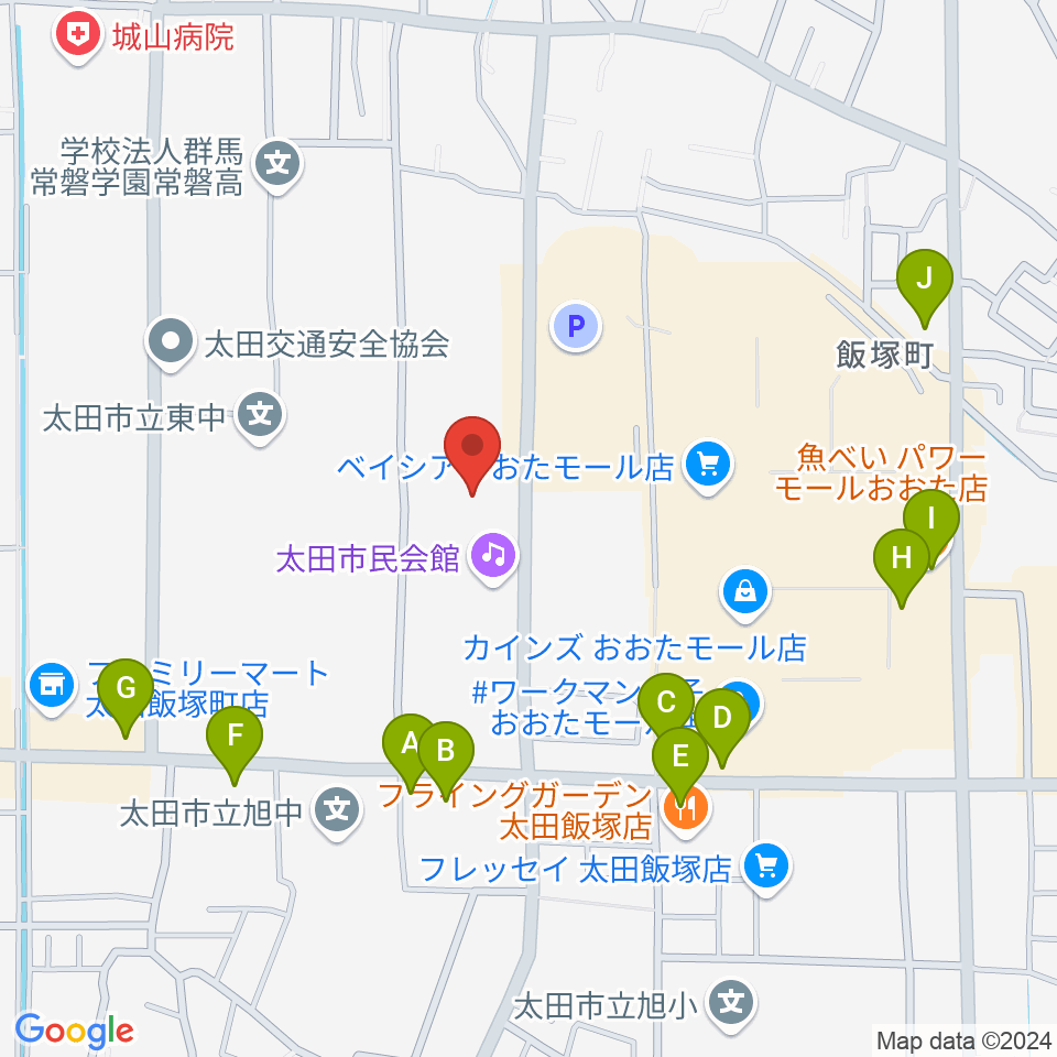 太田市民会館周辺のファミレス・ファーストフード一覧地図