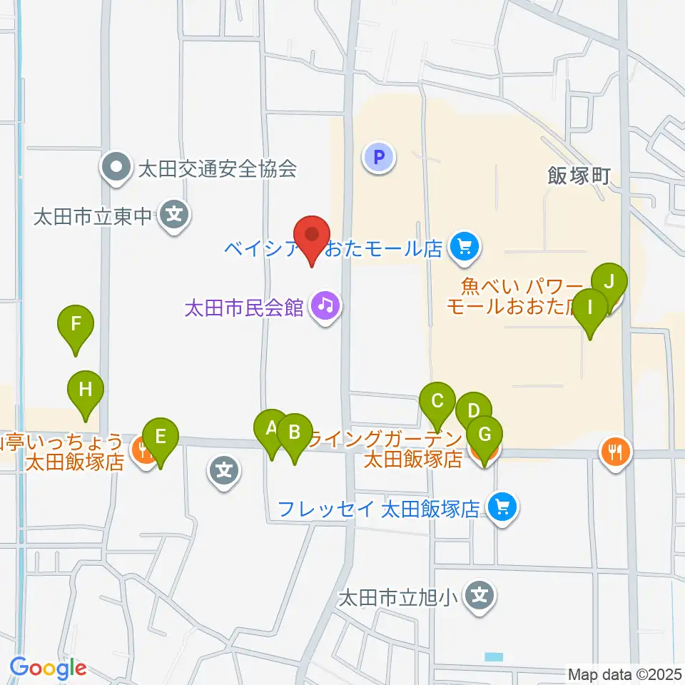 太田市民会館周辺のファミレス・ファーストフード一覧地図