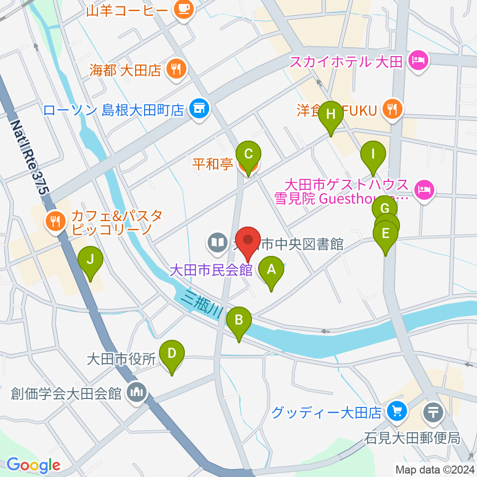 大田市民会館周辺のファミレス・ファーストフード一覧地図