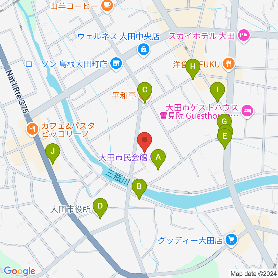 大田市民会館周辺のファミレス・ファーストフード一覧地図