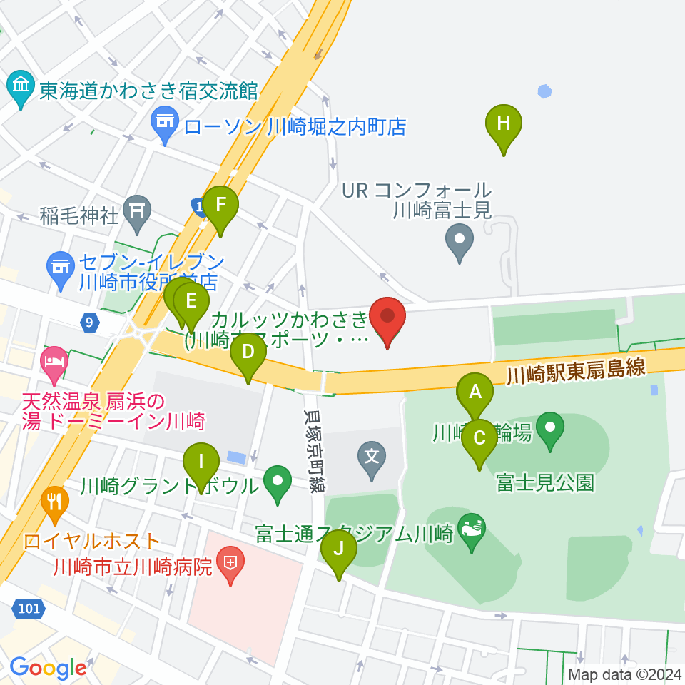 カルッツかわさきホール周辺のファミレス・ファーストフード一覧地図