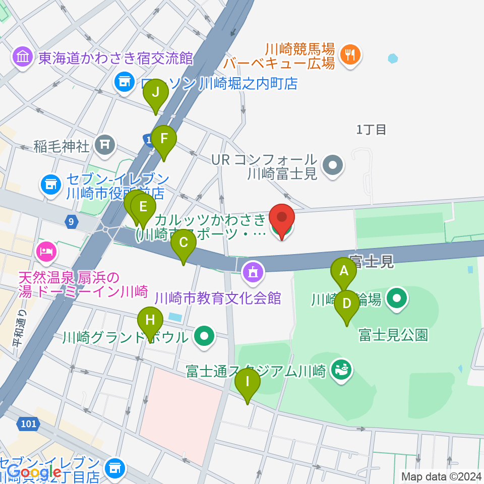 カルッツかわさきホール周辺のファミレス・ファーストフード一覧地図