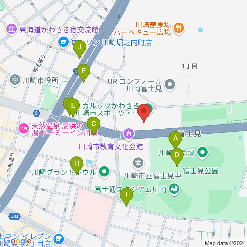 カルッツかわさきホール周辺のファミレス・ファーストフード一覧地図