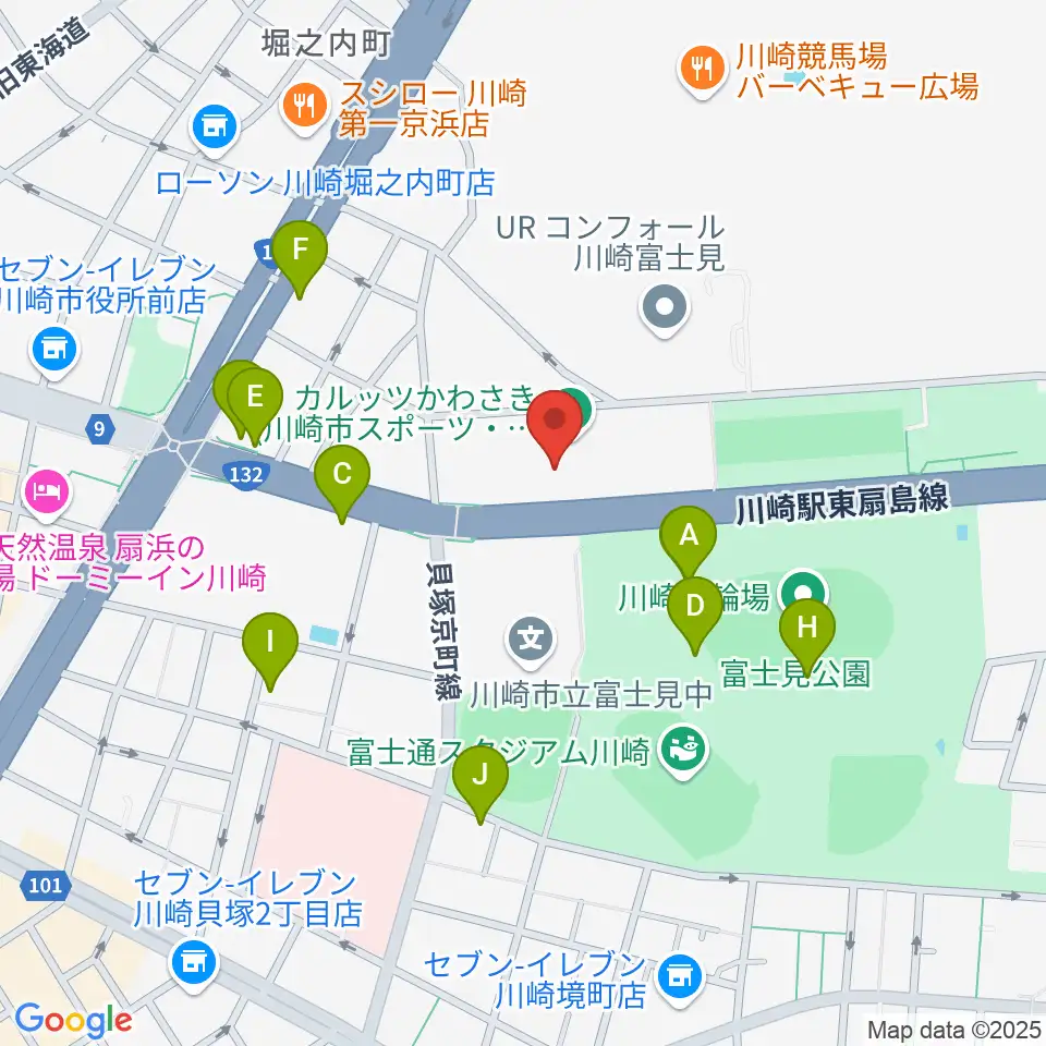 カルッツかわさきホール周辺のファミレス・ファーストフード一覧地図