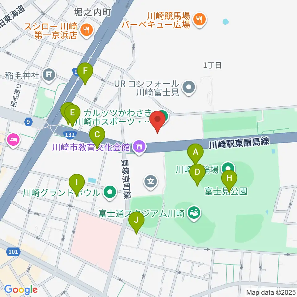 カルッツかわさきホール周辺のファミレス・ファーストフード一覧地図