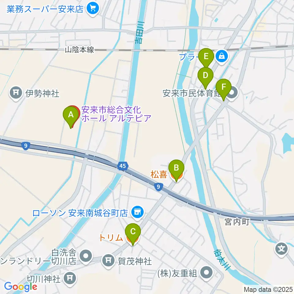 安来市総合文化ホール アルテピア周辺のファミレス・ファーストフード一覧地図