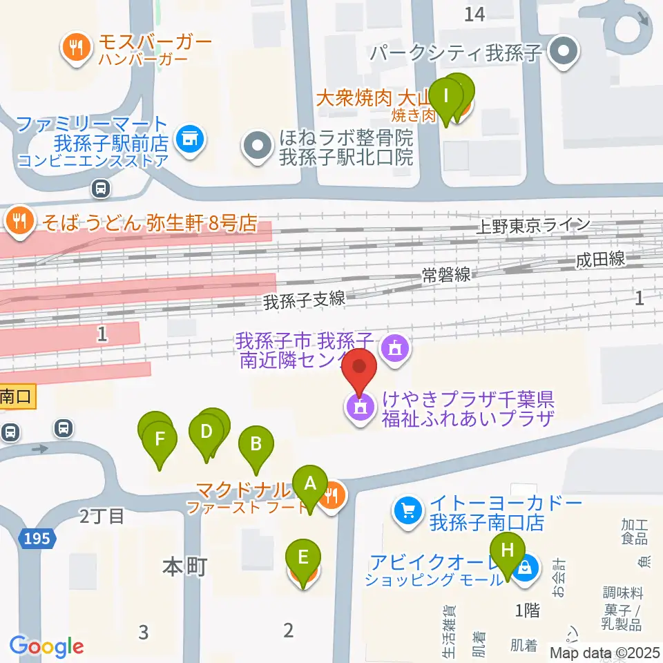 千葉県福祉ふれあいプラザ周辺のファミレス・ファーストフード一覧地図