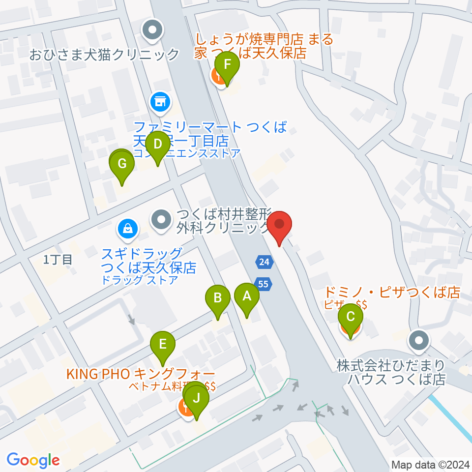 ホソダ興産グランドピアノ練習室周辺のファミレス・ファーストフード一覧地図