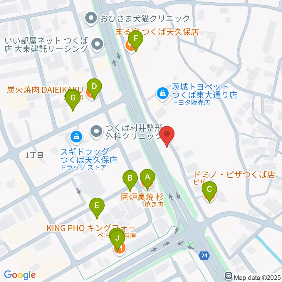 ホソダ興産グランドピアノ練習室周辺のファミレス・ファーストフード一覧地図