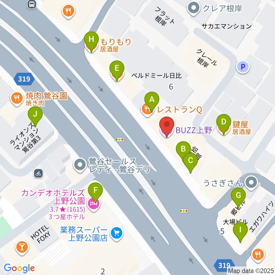 BUZZ上野周辺のファミレス・ファーストフード一覧地図