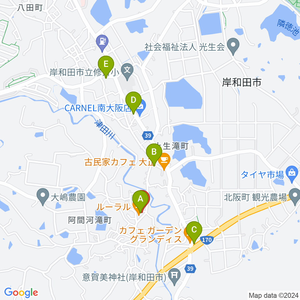 岸和田 むくの木ホール周辺のファミレス・ファーストフード一覧地図