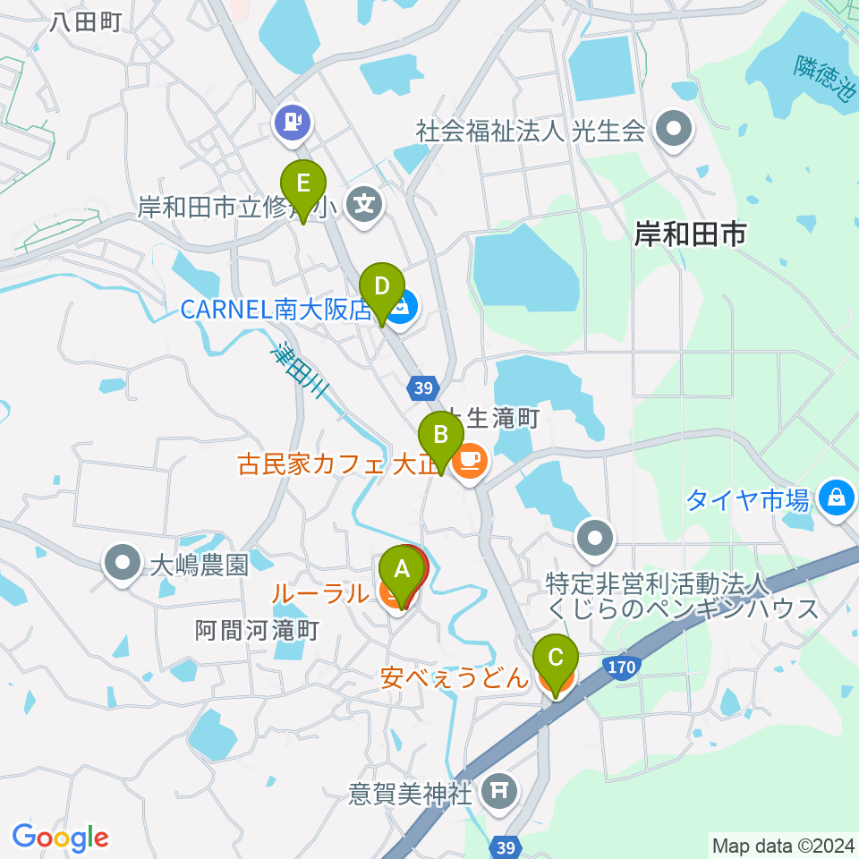 岸和田 むくの木ホール周辺のファミレス・ファーストフード一覧地図