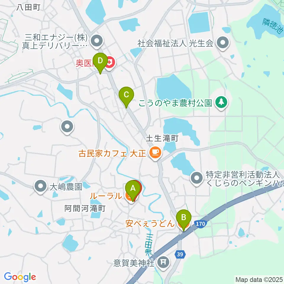 岸和田 むくの木ホール周辺のファミレス・ファーストフード一覧地図
