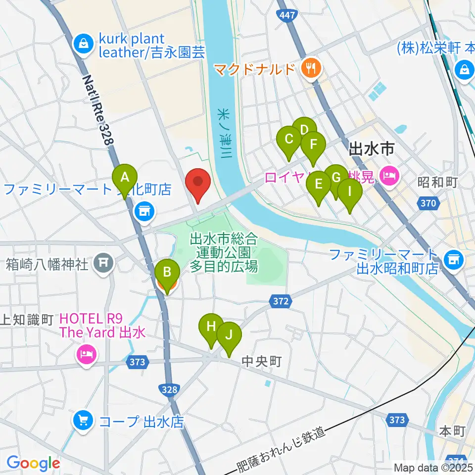 マルマエ音楽ホール出水周辺のファミレス・ファーストフード一覧地図