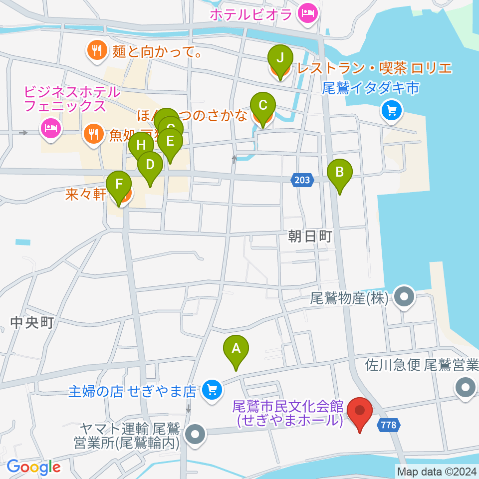 尾鷲市民文化会館 せぎやまホール周辺のファミレス・ファーストフード一覧地図