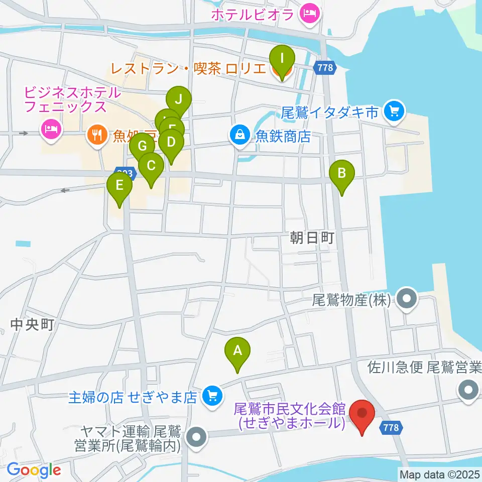 尾鷲市民文化会館 せぎやまホール周辺のファミレス・ファーストフード一覧地図