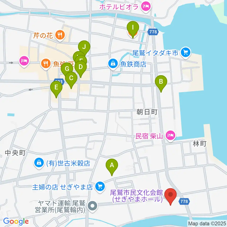 尾鷲市民文化会館 せぎやまホール周辺のファミレス・ファーストフード一覧地図