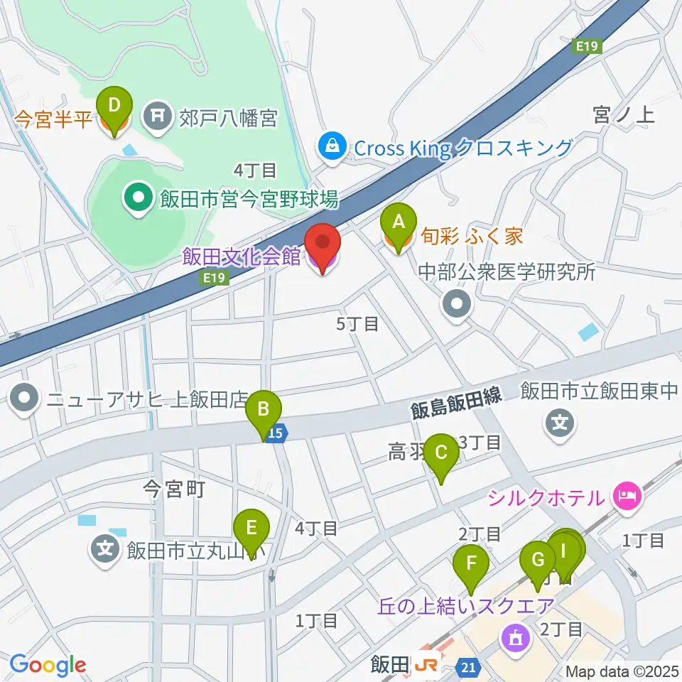 飯田文化会館周辺のファミレス・ファーストフード一覧地図