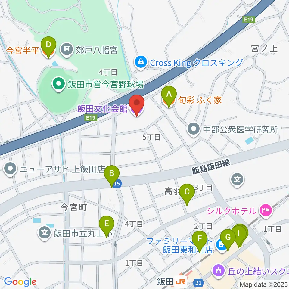飯田文化会館周辺のファミレス・ファーストフード一覧地図