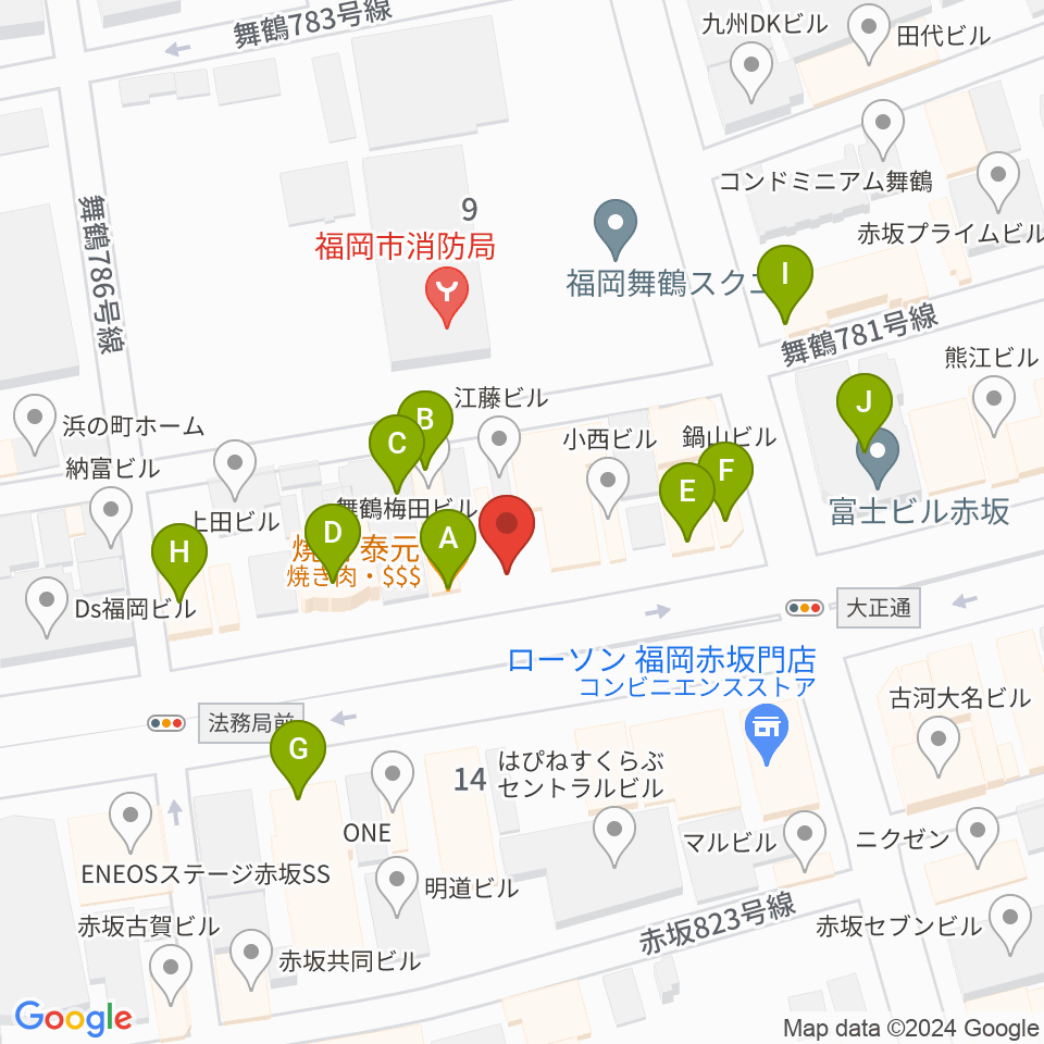 専門学校ESPエンタテインメント福岡周辺のファミレス・ファーストフード一覧地図