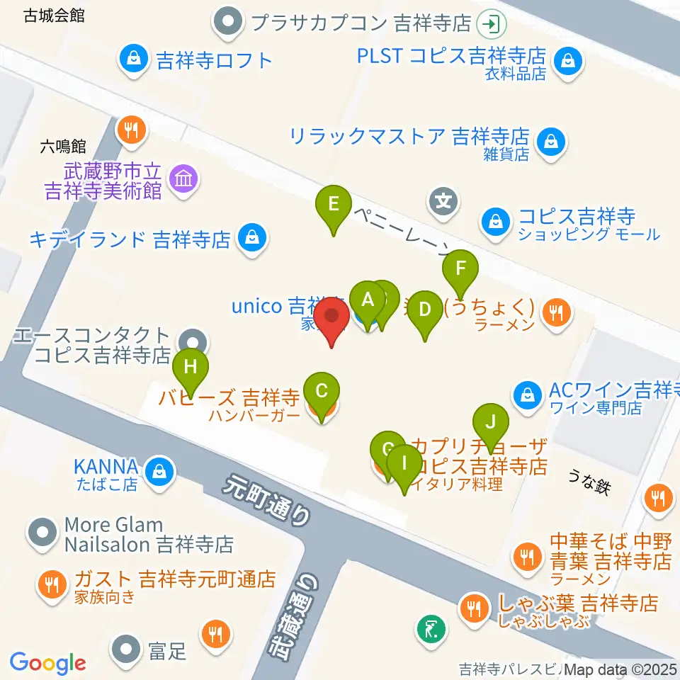 HMV record shop コピス吉祥寺周辺のファミレス・ファーストフード一覧地図
