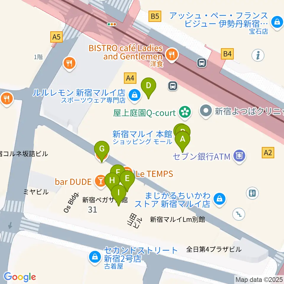 HMV record shop 新宿周辺のファミレス・ファーストフード一覧地図