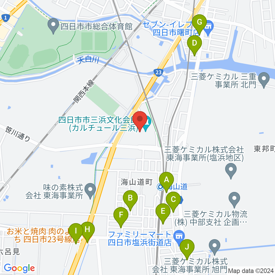 四日市市三浜文化会館 カルチュール三浜周辺のファミレス・ファーストフード一覧地図