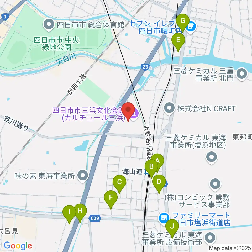 四日市市三浜文化会館 カルチュール三浜周辺のファミレス・ファーストフード一覧地図