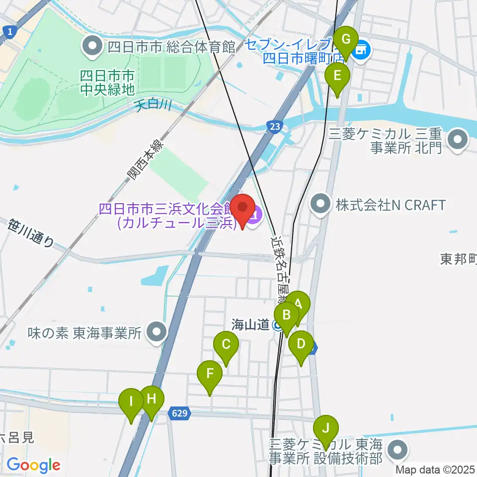 四日市市三浜文化会館 カルチュール三浜周辺のファミレス・ファーストフード一覧地図
