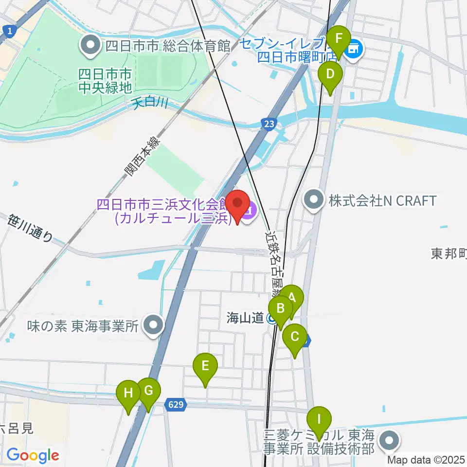 四日市市三浜文化会館 カルチュール三浜周辺のファミレス・ファーストフード一覧地図