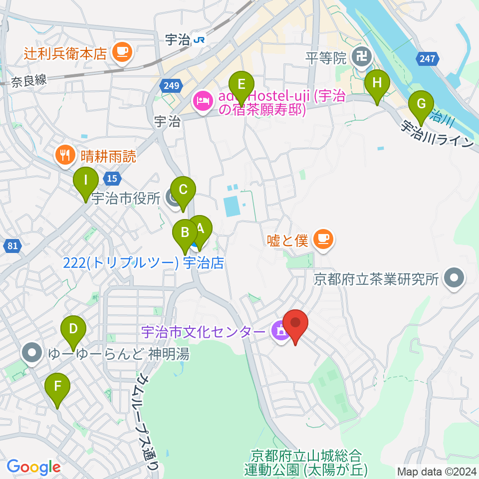 宇治市文化会館周辺のファミレス・ファーストフード一覧地図