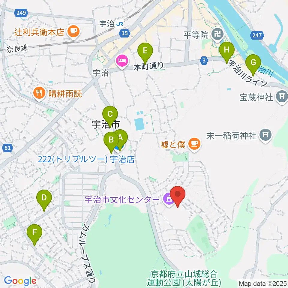 宇治市文化会館周辺のファミレス・ファーストフード一覧地図
