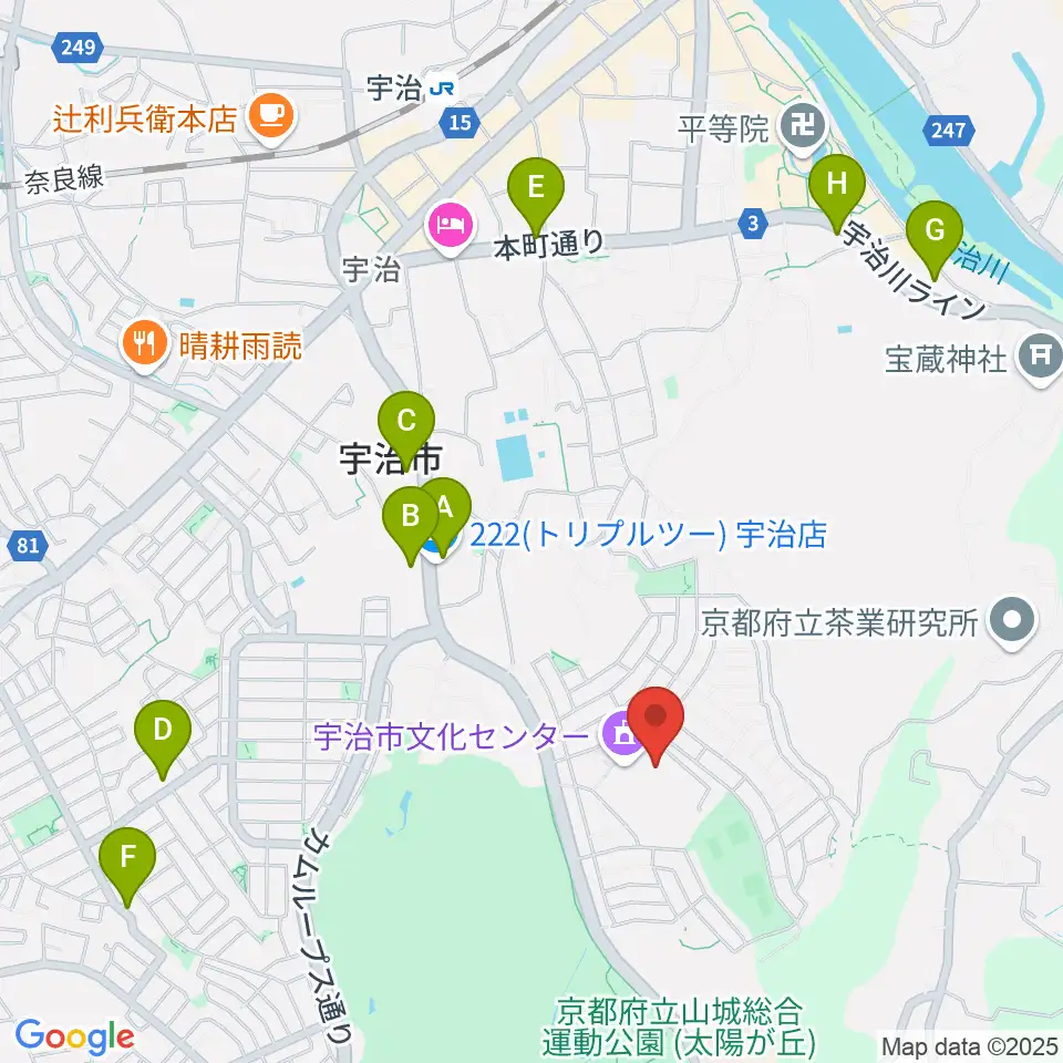 宇治市文化会館周辺のファミレス・ファーストフード一覧地図