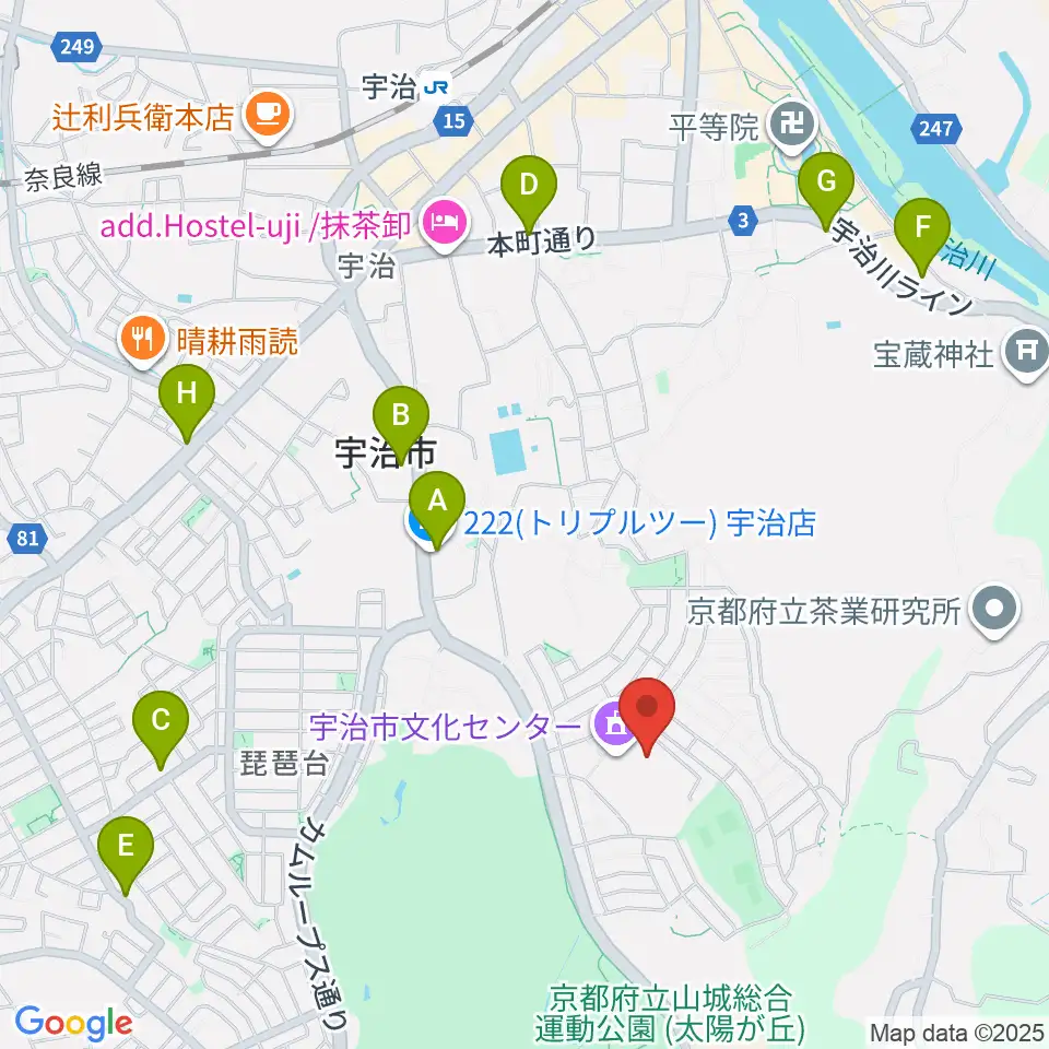 宇治市文化会館周辺のファミレス・ファーストフード一覧地図