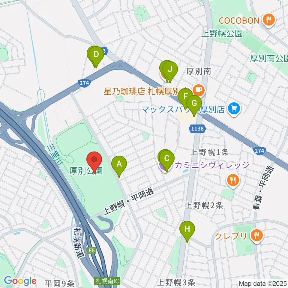 厚別公園競技場周辺のファミレス・ファーストフード一覧地図