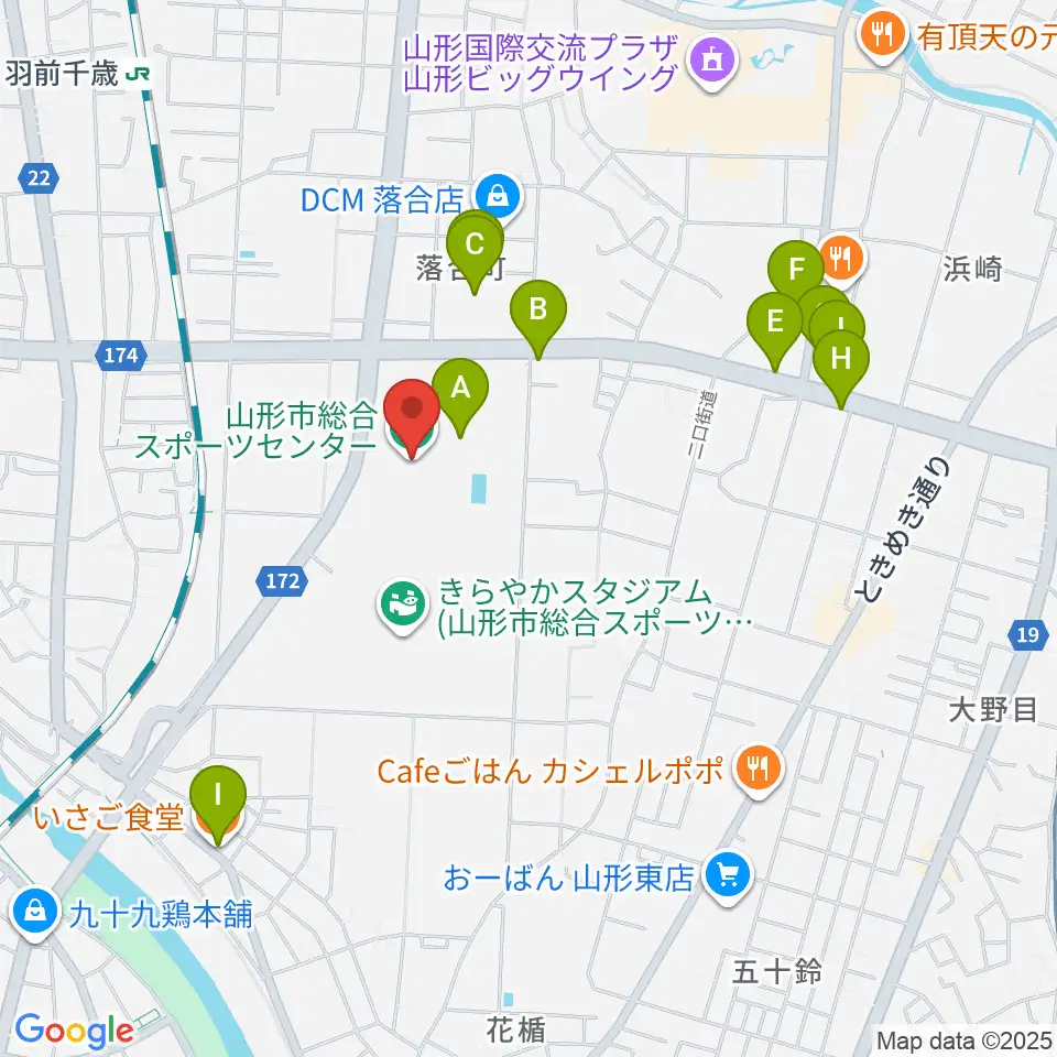 山形市総合スポーツセンター周辺のファミレス・ファーストフード一覧地図