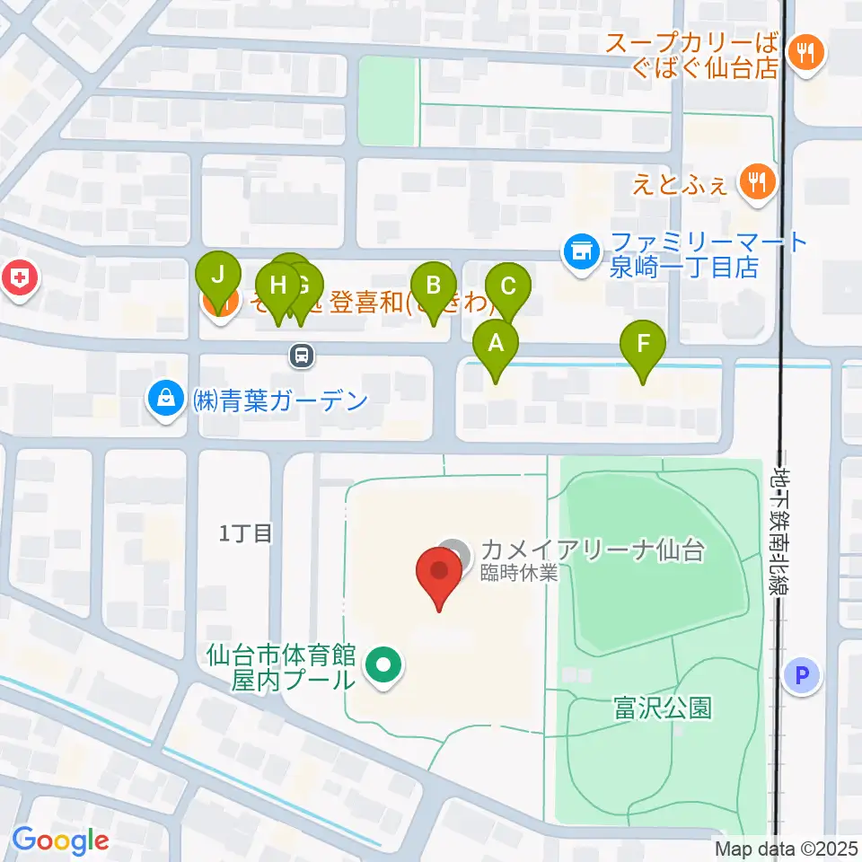 カメイアリーナ仙台周辺のファミレス・ファーストフード一覧地図