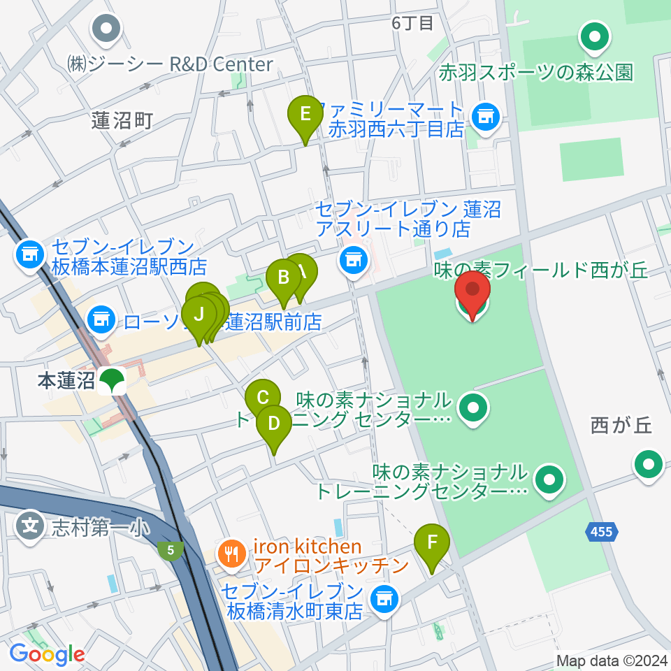 味の素フィールド西が丘周辺のファミレス・ファーストフード一覧地図