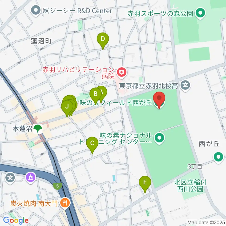 味の素フィールド西が丘周辺のファミレス・ファーストフード一覧地図