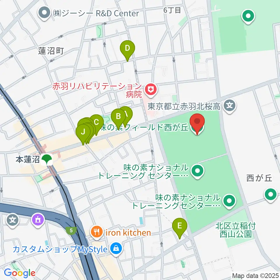 味の素フィールド西が丘周辺のファミレス・ファーストフード一覧地図