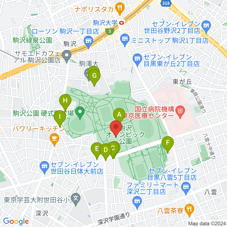 駒沢オリンピック公園体育館周辺のファミレス・ファーストフード一覧地図