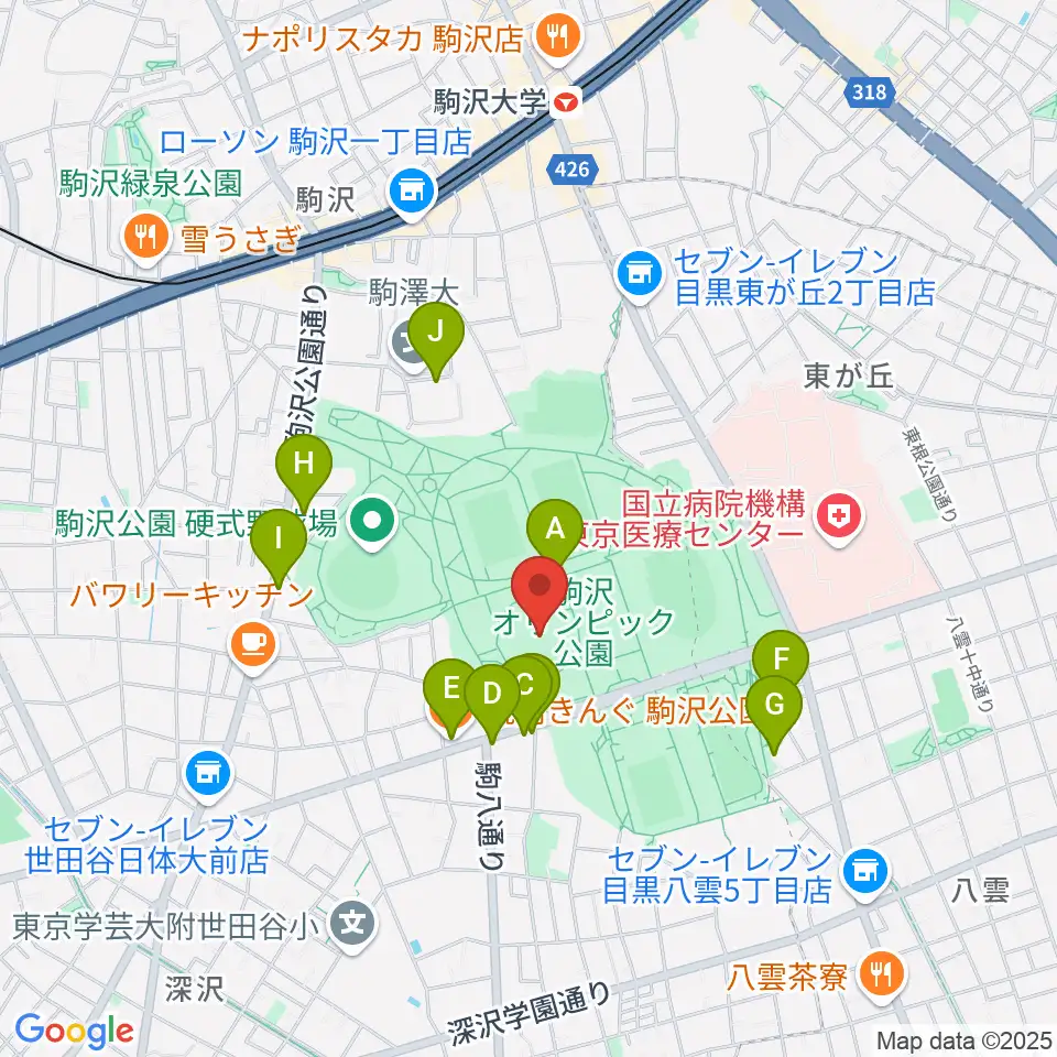 駒沢オリンピック公園体育館周辺のファミレス・ファーストフード一覧地図