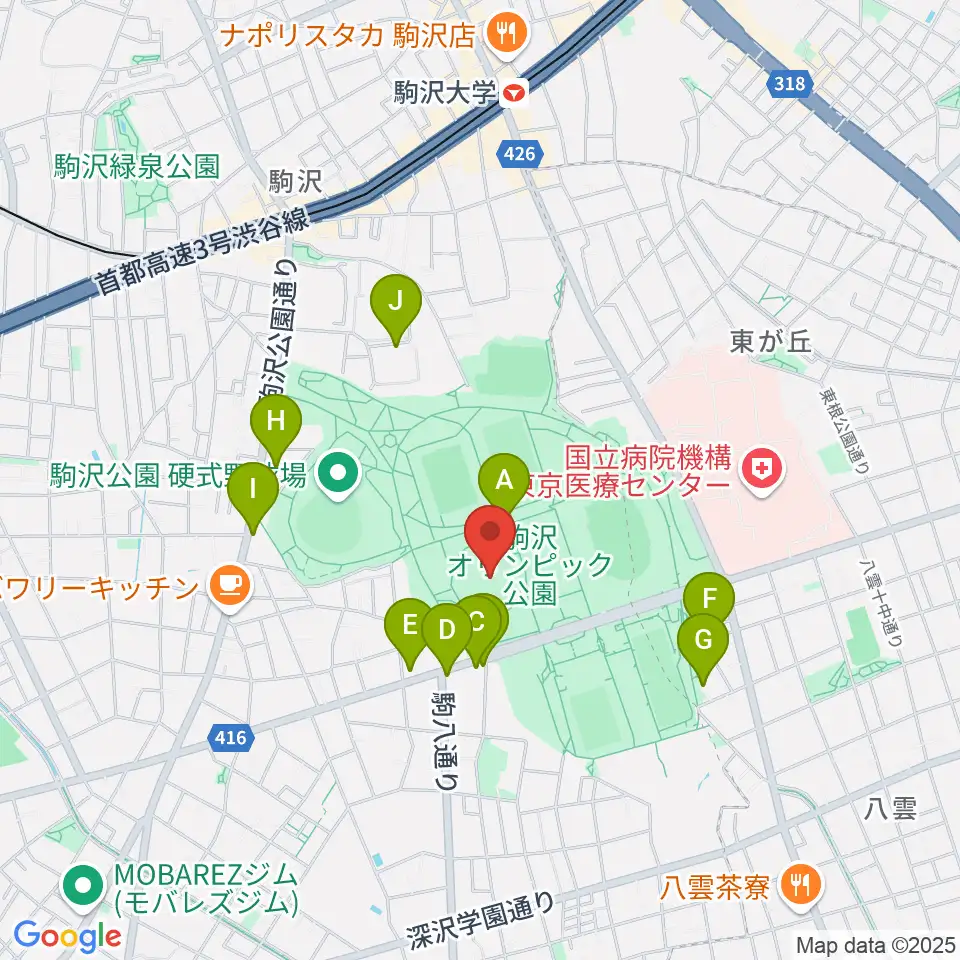 駒沢オリンピック公園体育館周辺のファミレス・ファーストフード一覧地図