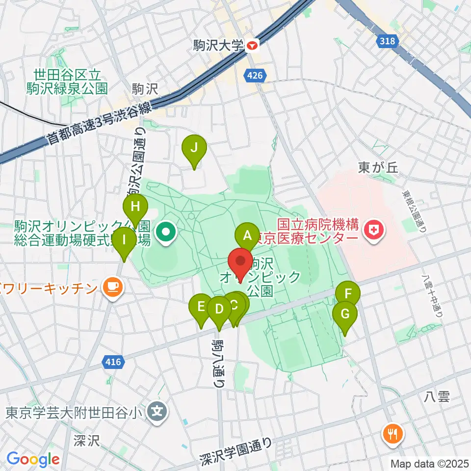 駒沢オリンピック公園体育館周辺のファミレス・ファーストフード一覧地図
