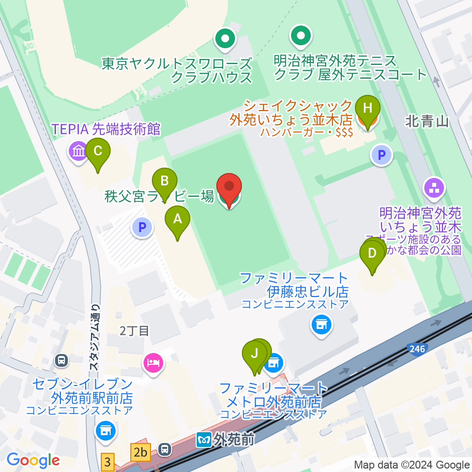 秩父宮ラグビー場周辺のファミレス・ファーストフード一覧地図